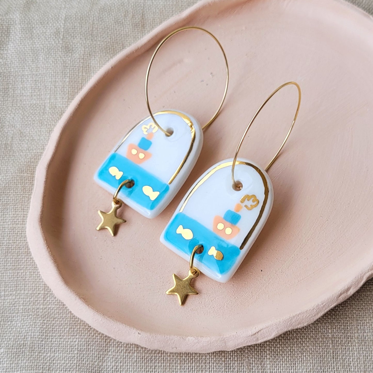 Porcelain dangle earrings with gold "Little boat"