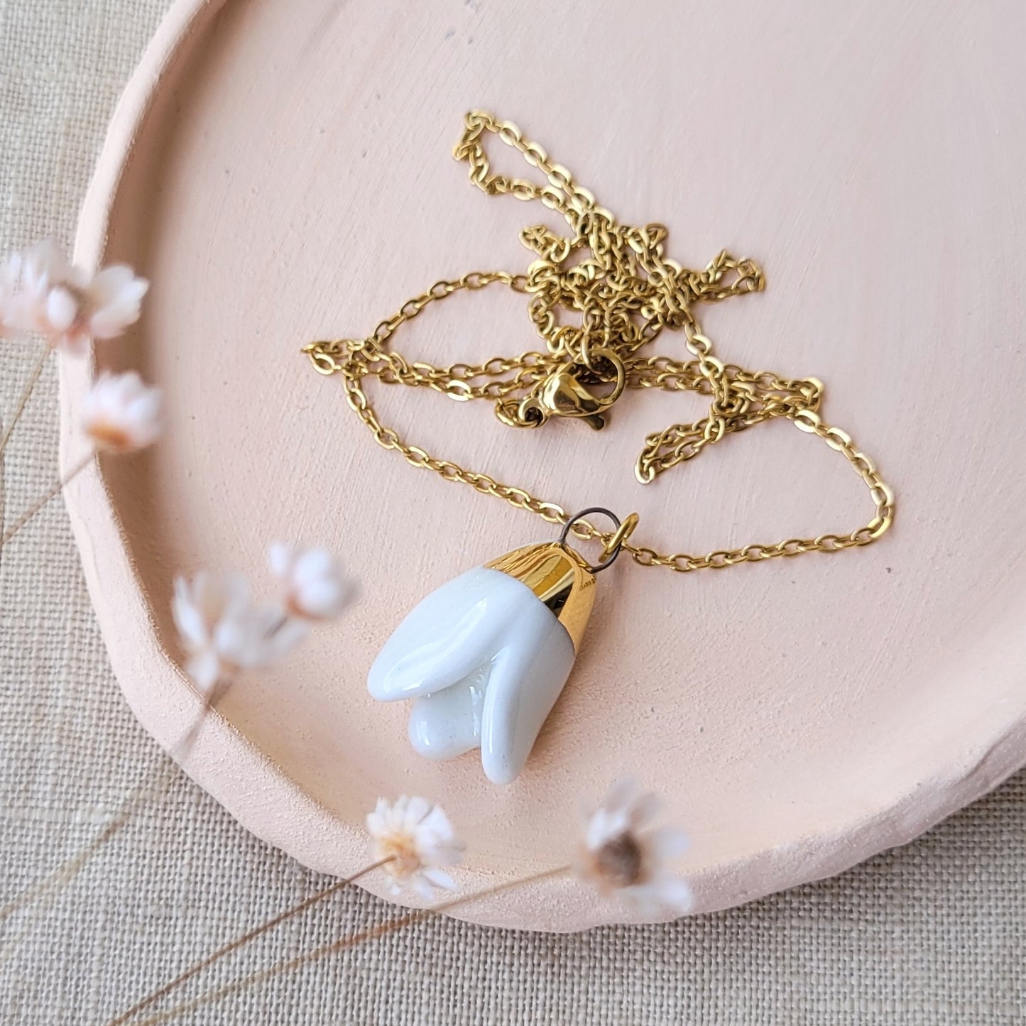 Porcelain necklace with gold "Snowdrop"