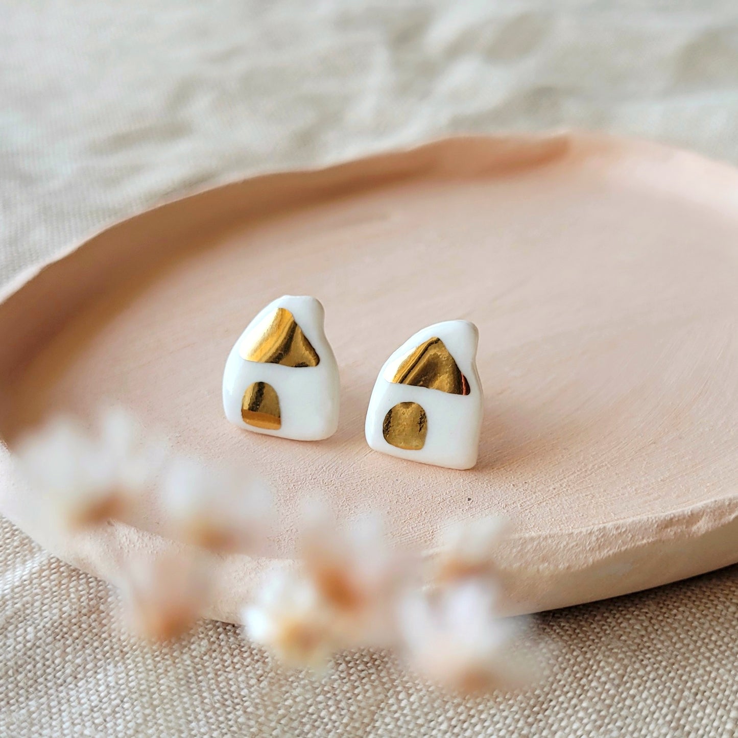 Porcelain stud earrings with gold "Tiny houses in white and gold"