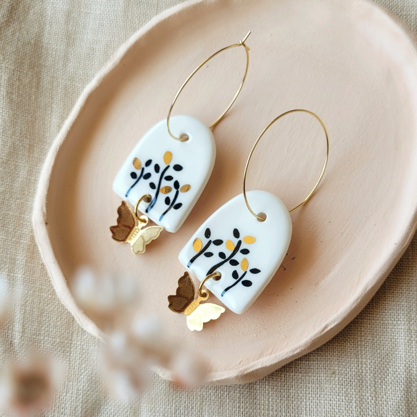 Porcelain dangle earrings with gold "White, black and gold"