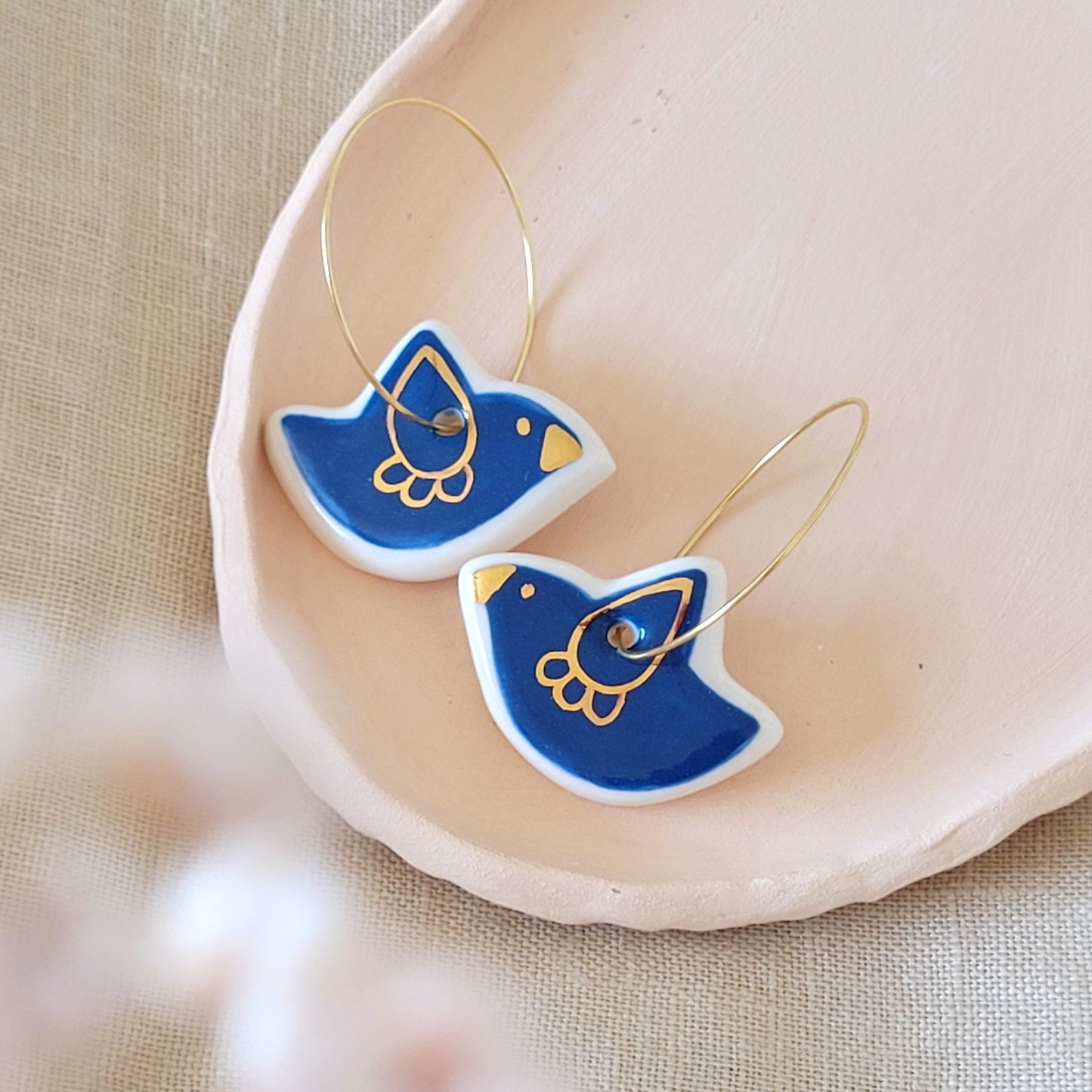 Porcelain dangle earrings with gold "Blue birds"