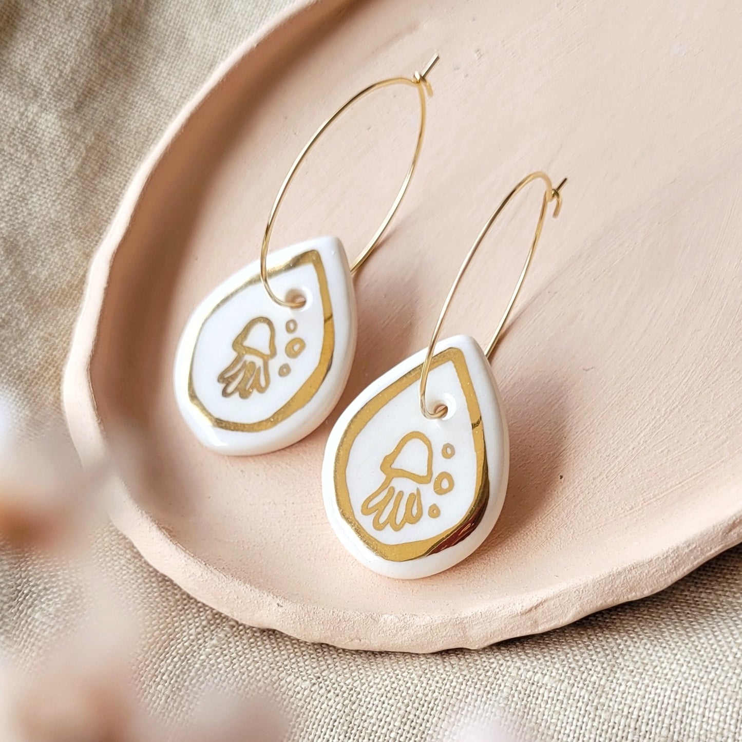 Porcelain dangle earrings with gold "Jellyfish in white"