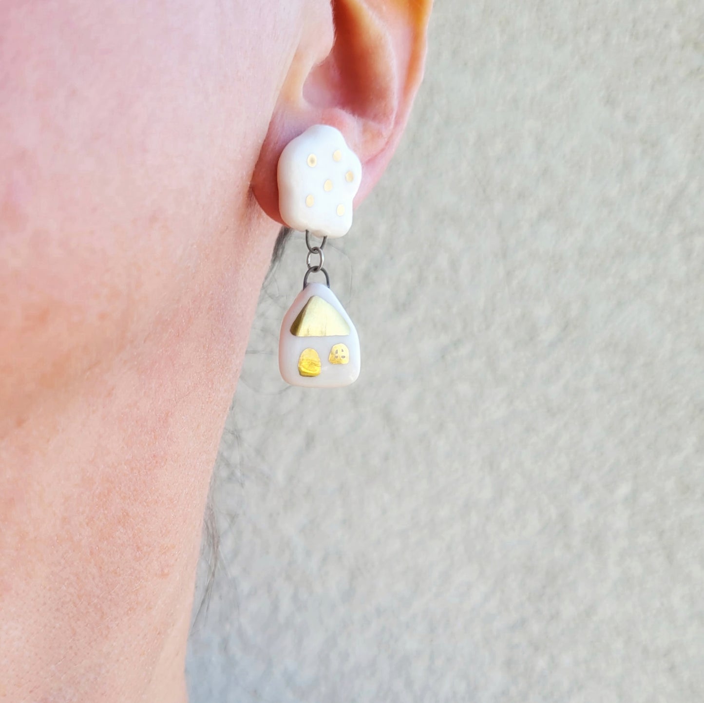 Porcelain stud earrings with gold "White and gold houses"