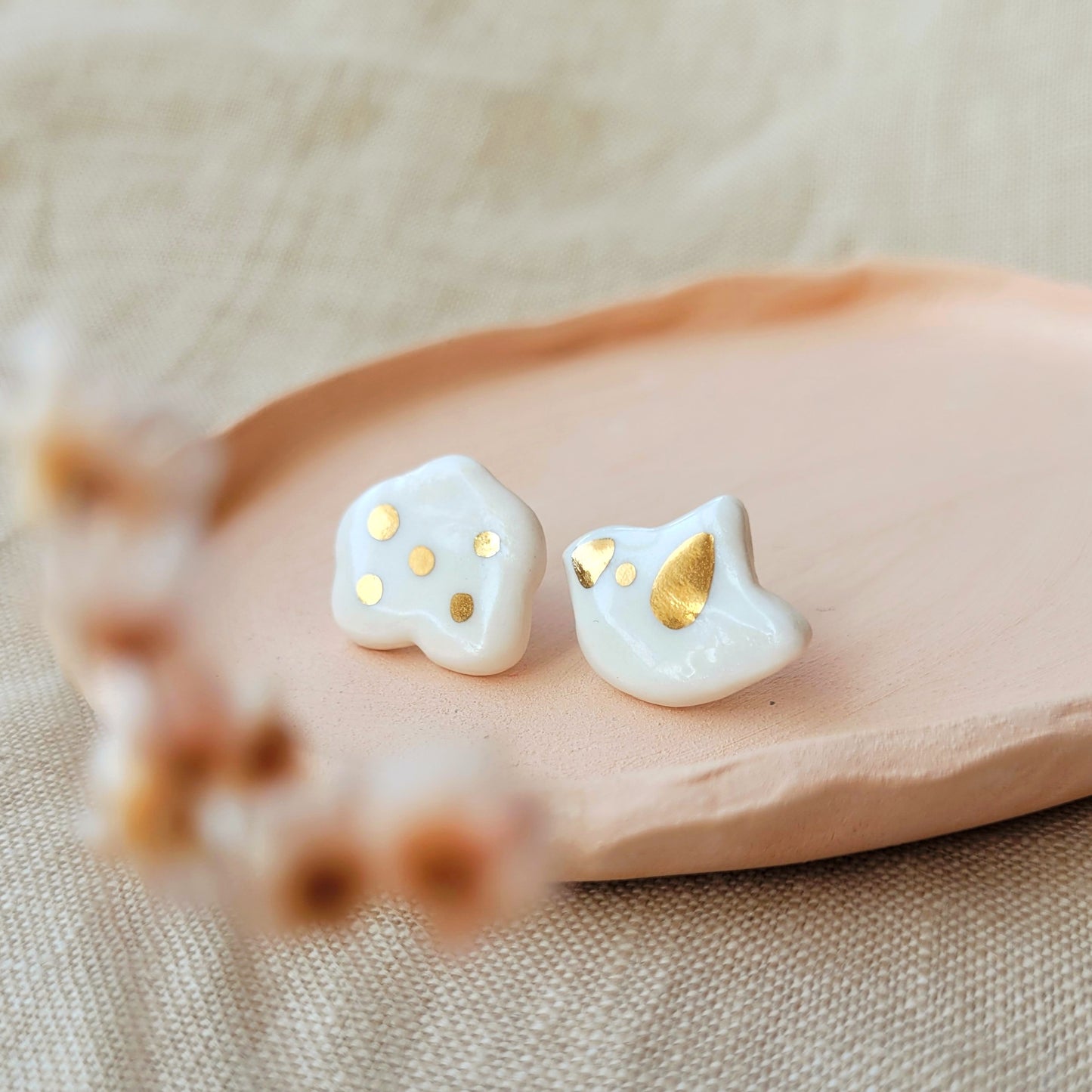 Porcelain stud earrings with gold "White bird with cloud"