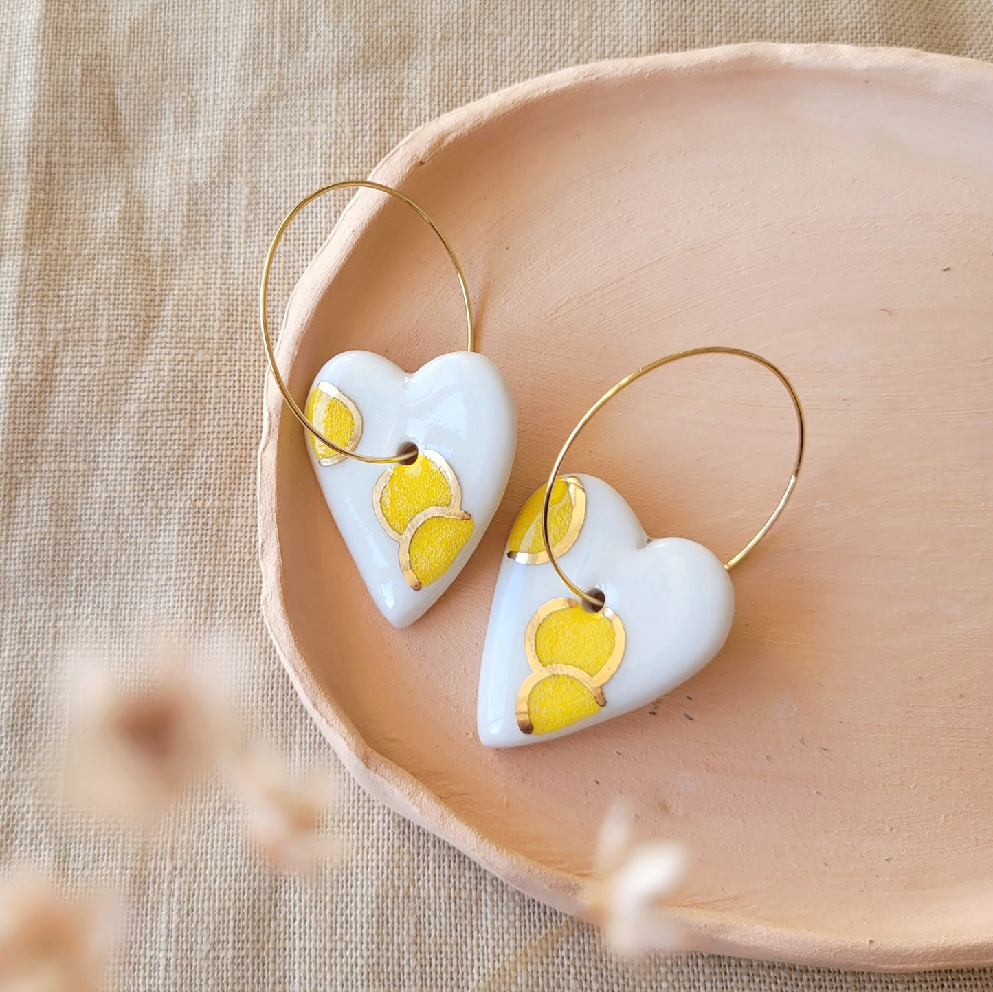 Porcelain dangle earrings with gold "Hearts white and yellow"