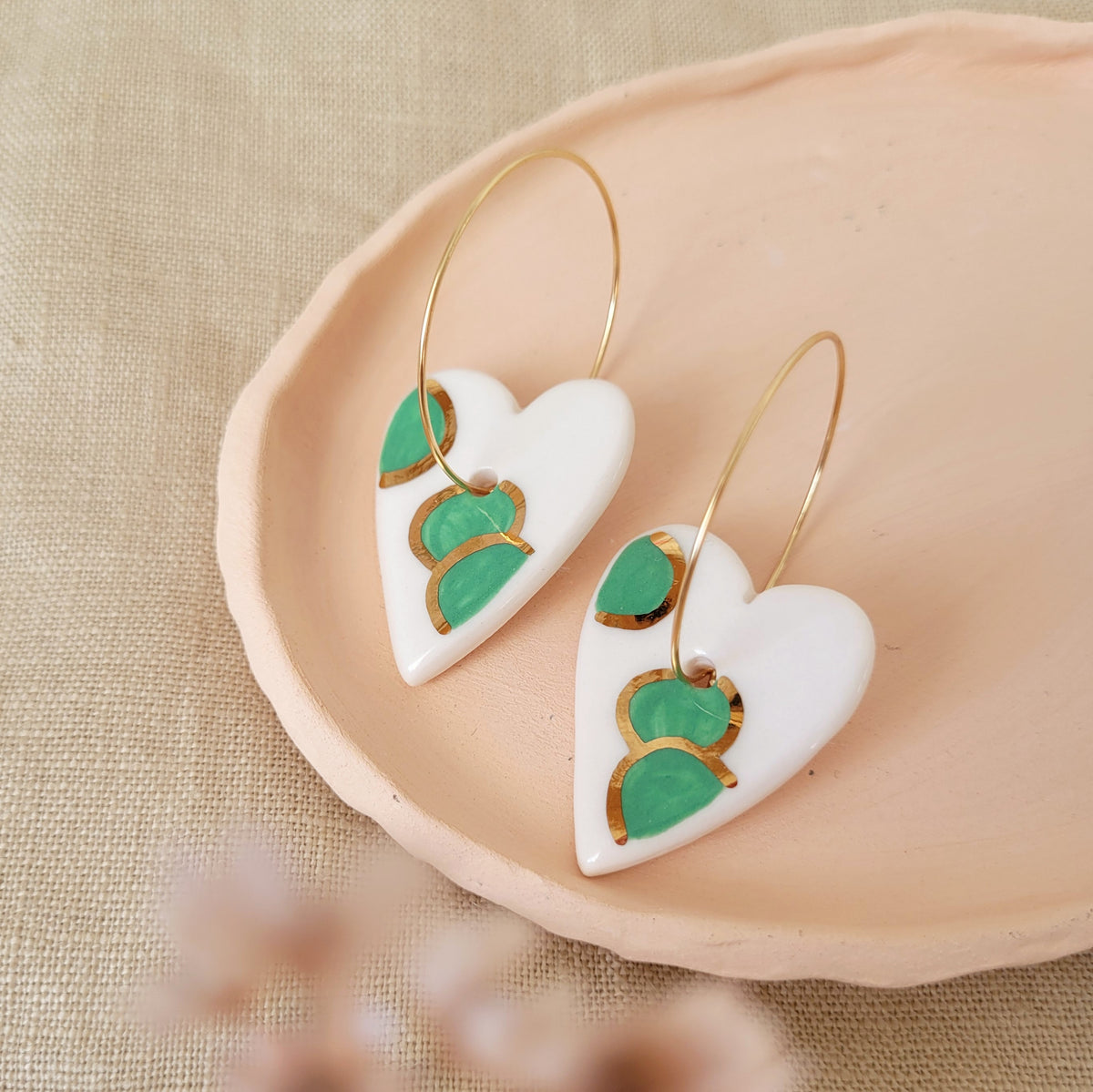 Porcelain dangle earrings with gold "Hearts with green and gold"