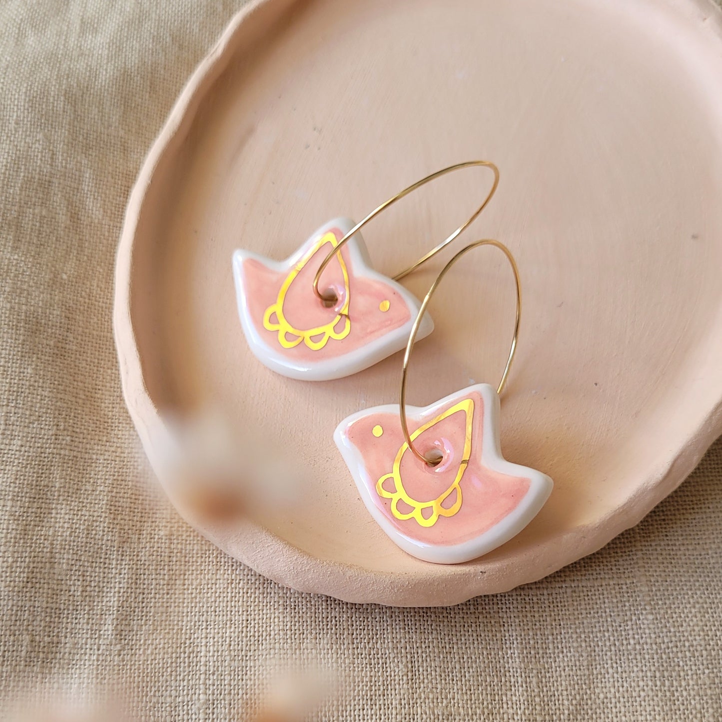 Porcelain dangle earrings with gold "Pink birds"