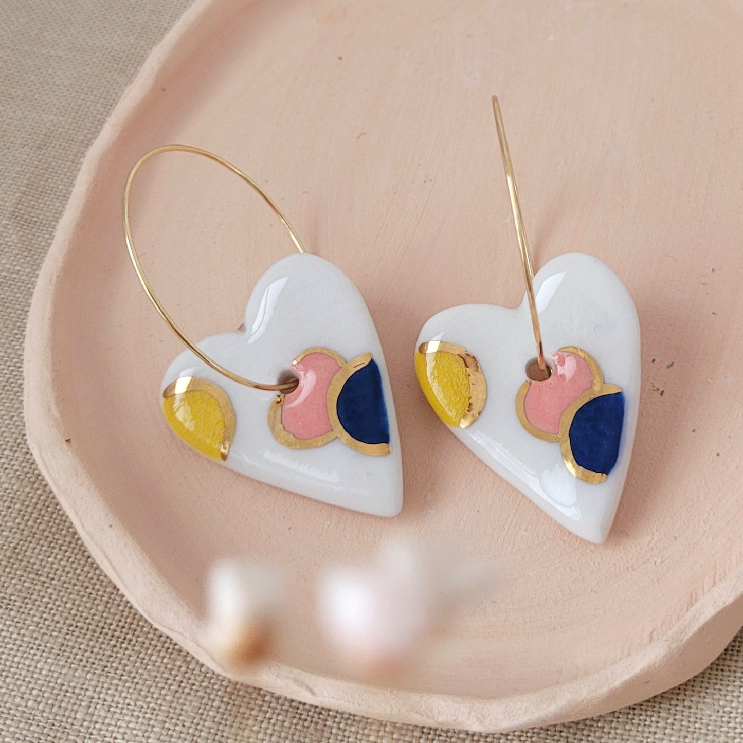 Porcelain dangle earrings with gold "Hearts in yellow, pink and blue"