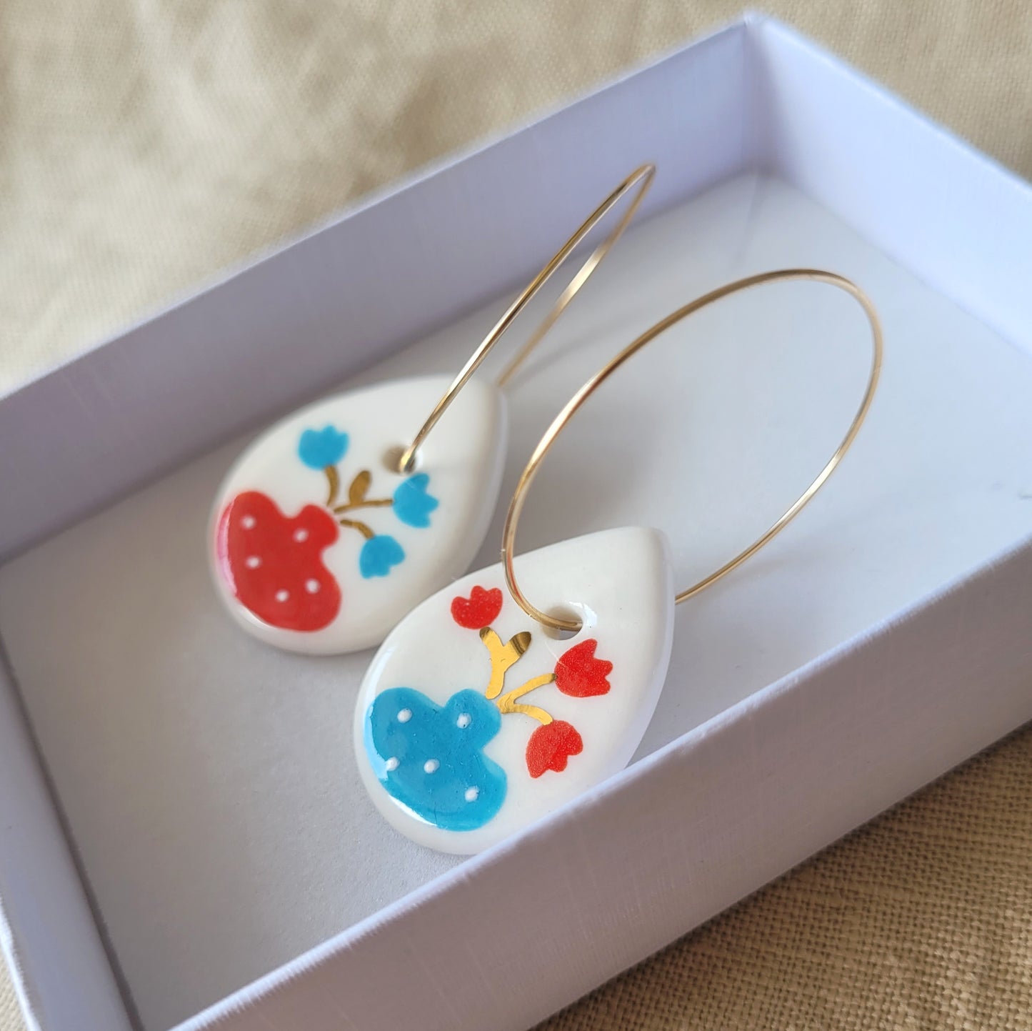 Porcelain dangle earrings with gold "Vases with tulips"