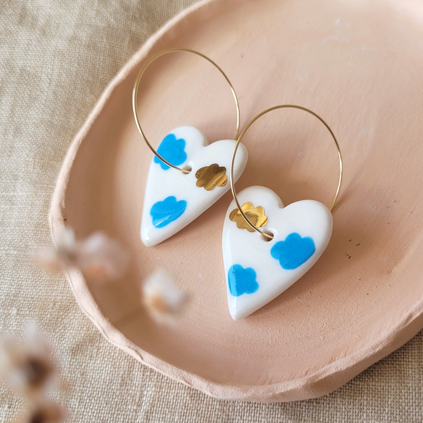 Porcelain dangle earrings with gold "Hearts with clouds"