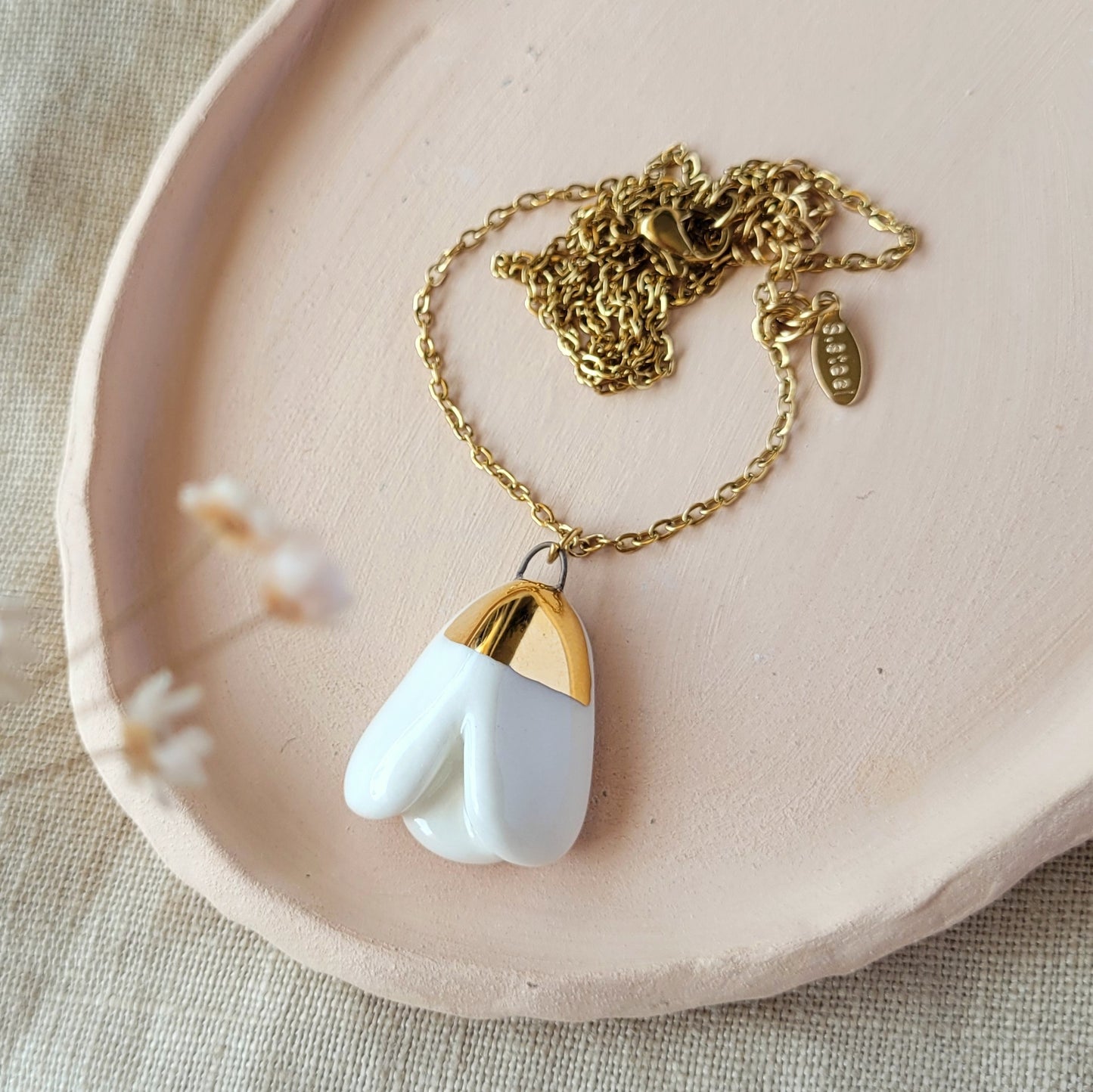 Porcelain necklace with gold "Snowdrop"