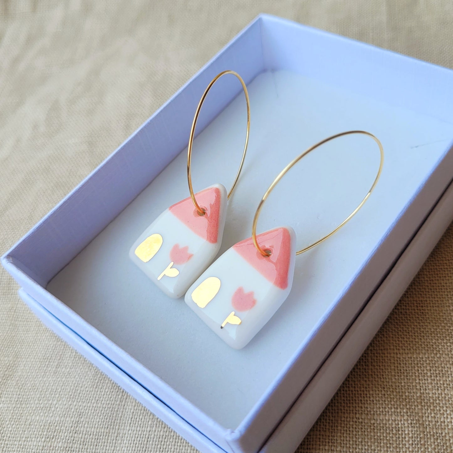Porcelain dangle earrings with gold "Houses with tulips"