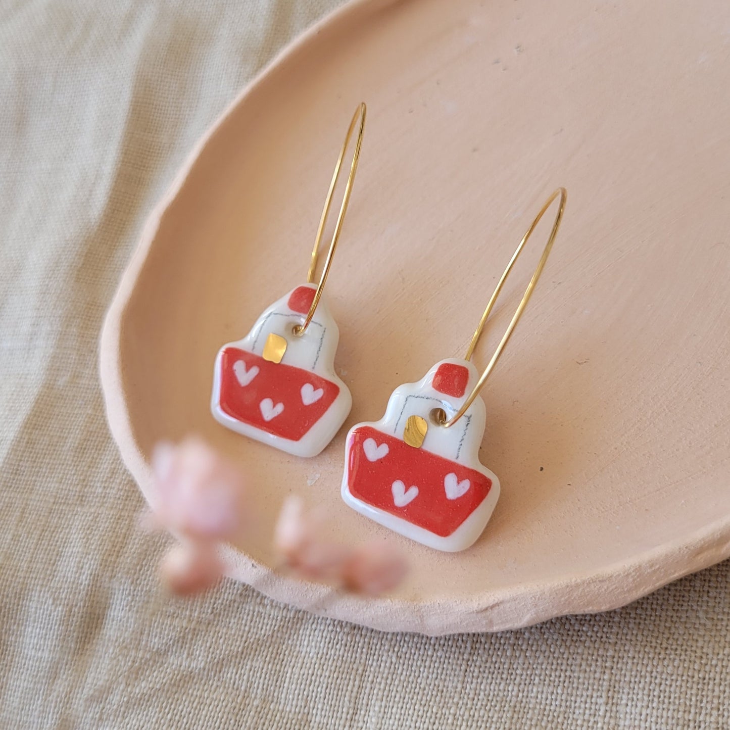 Porcelain dangle earrings with gold "Boats with hearts"