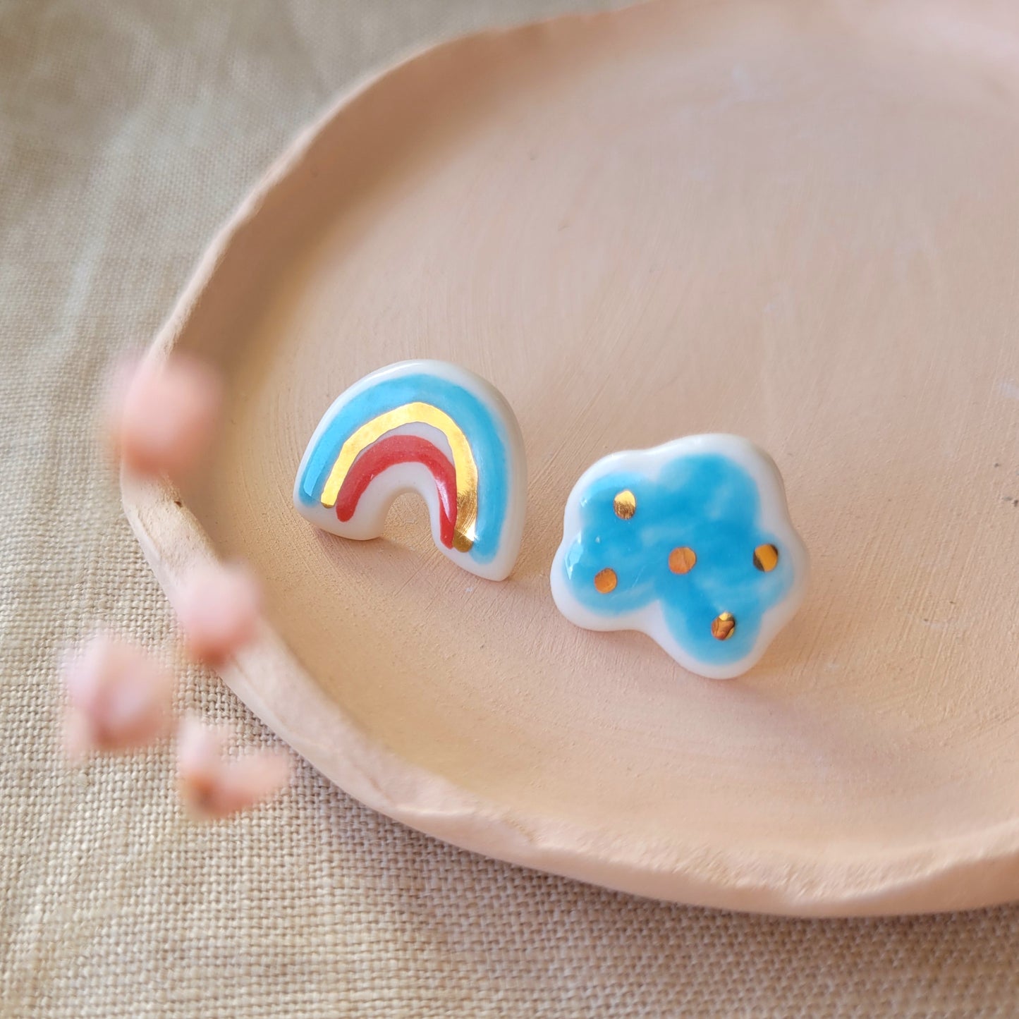 Porcelain stud earrings with gold "Blue and red rainbow with cloud"