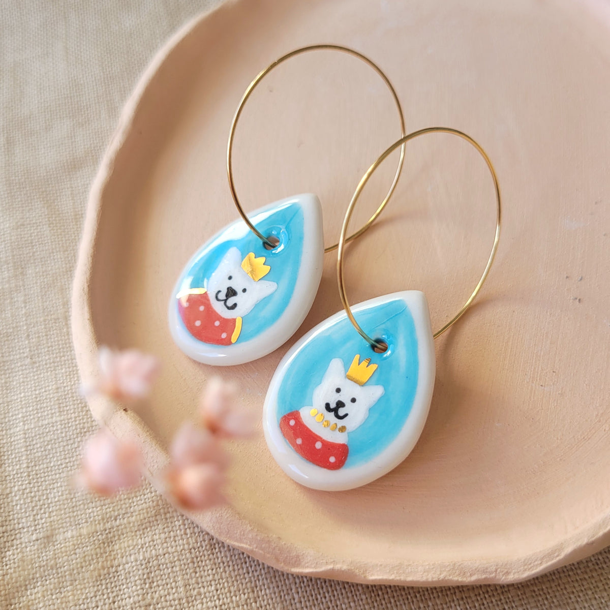 Porcelain dangle earrings with gold "King and queen in blue"