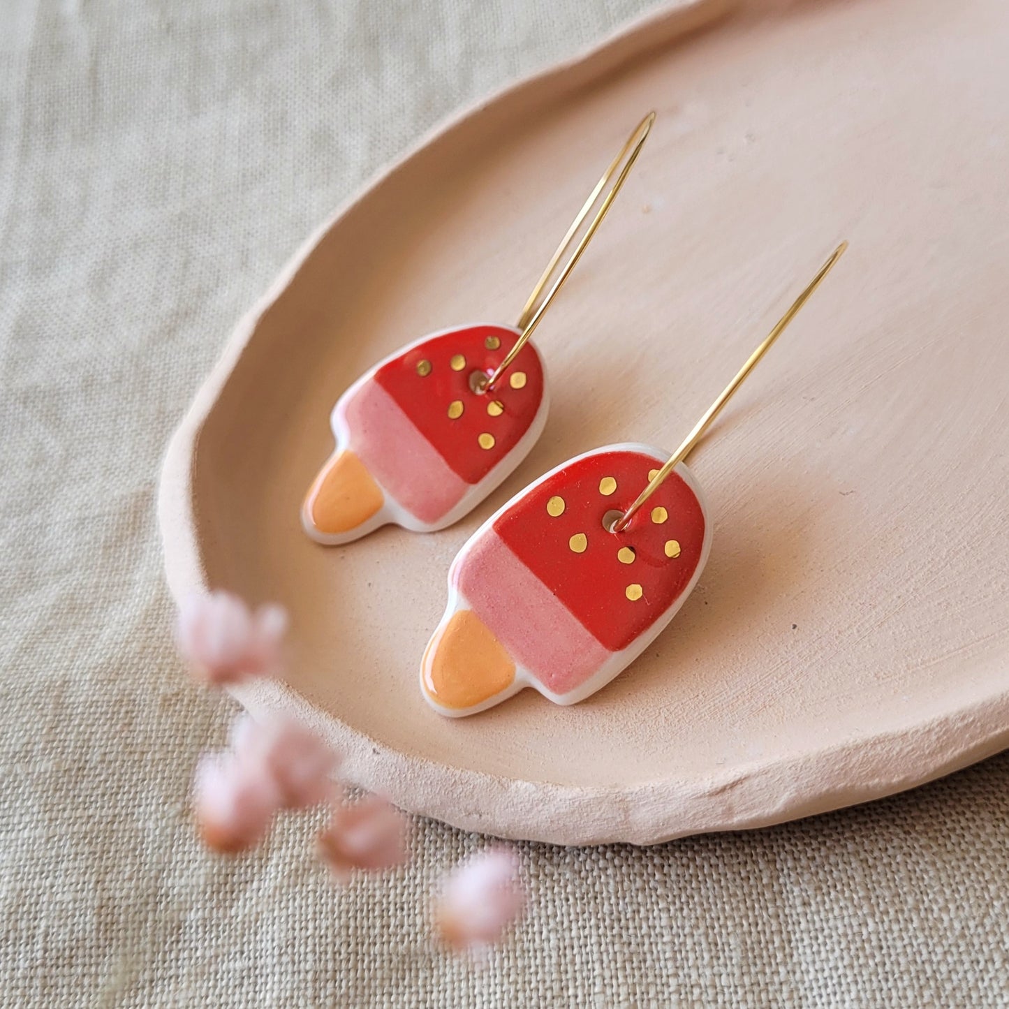 Porcelain dangle earrings with gold "Red ice cream"