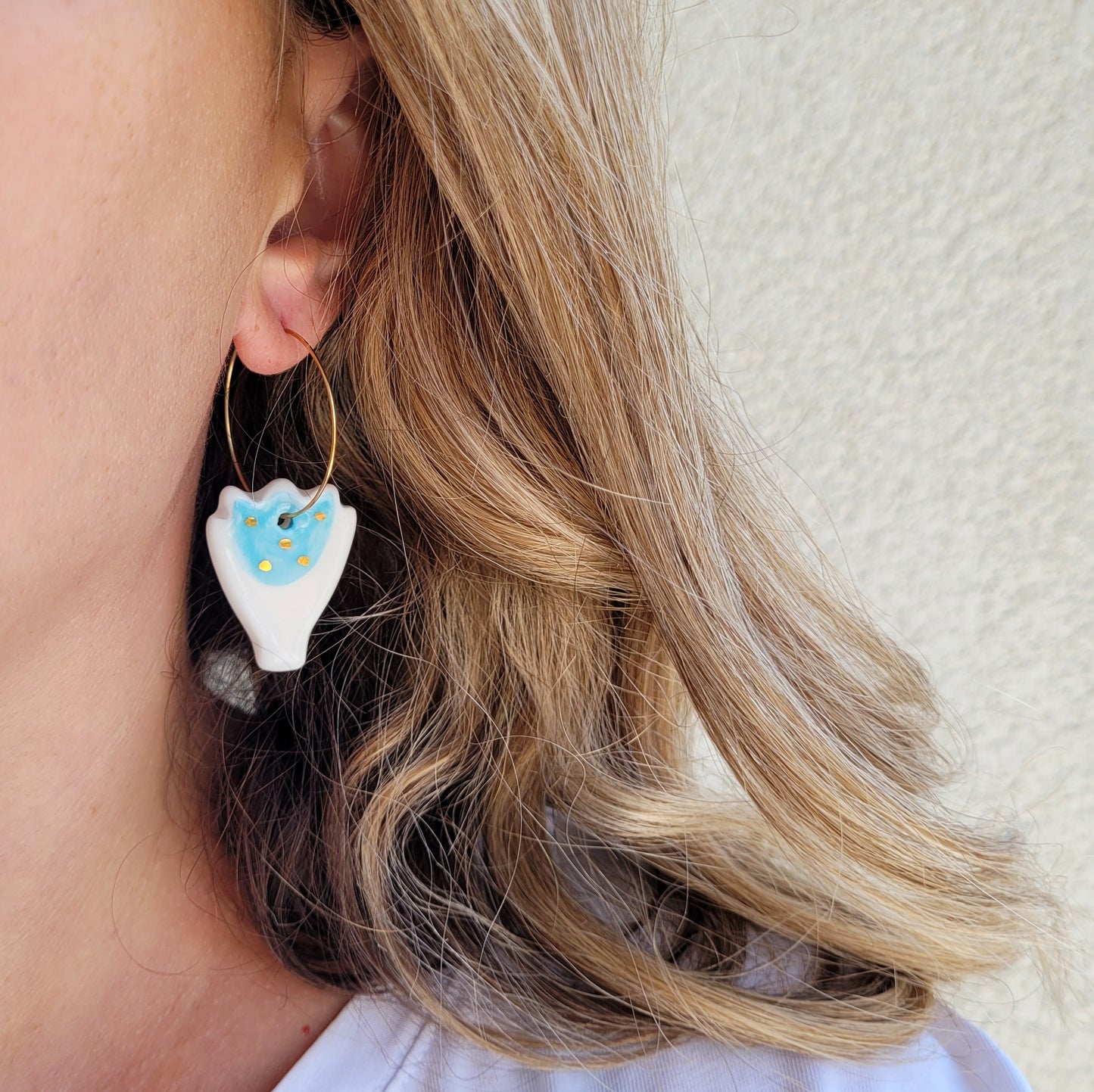 Porcelain dangle earrings with gold "Light blue tulips"