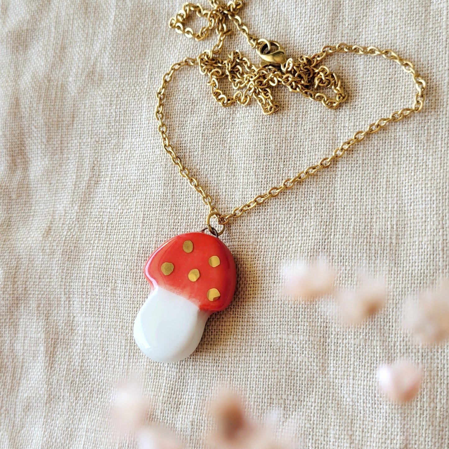Porcelain necklace with gold "Red mushroom"