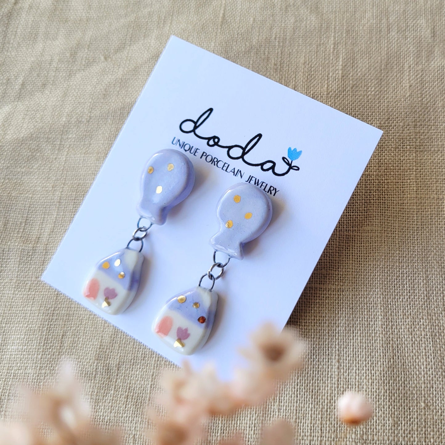 Porcelain stud earrings with gold "Purple house with chimney"