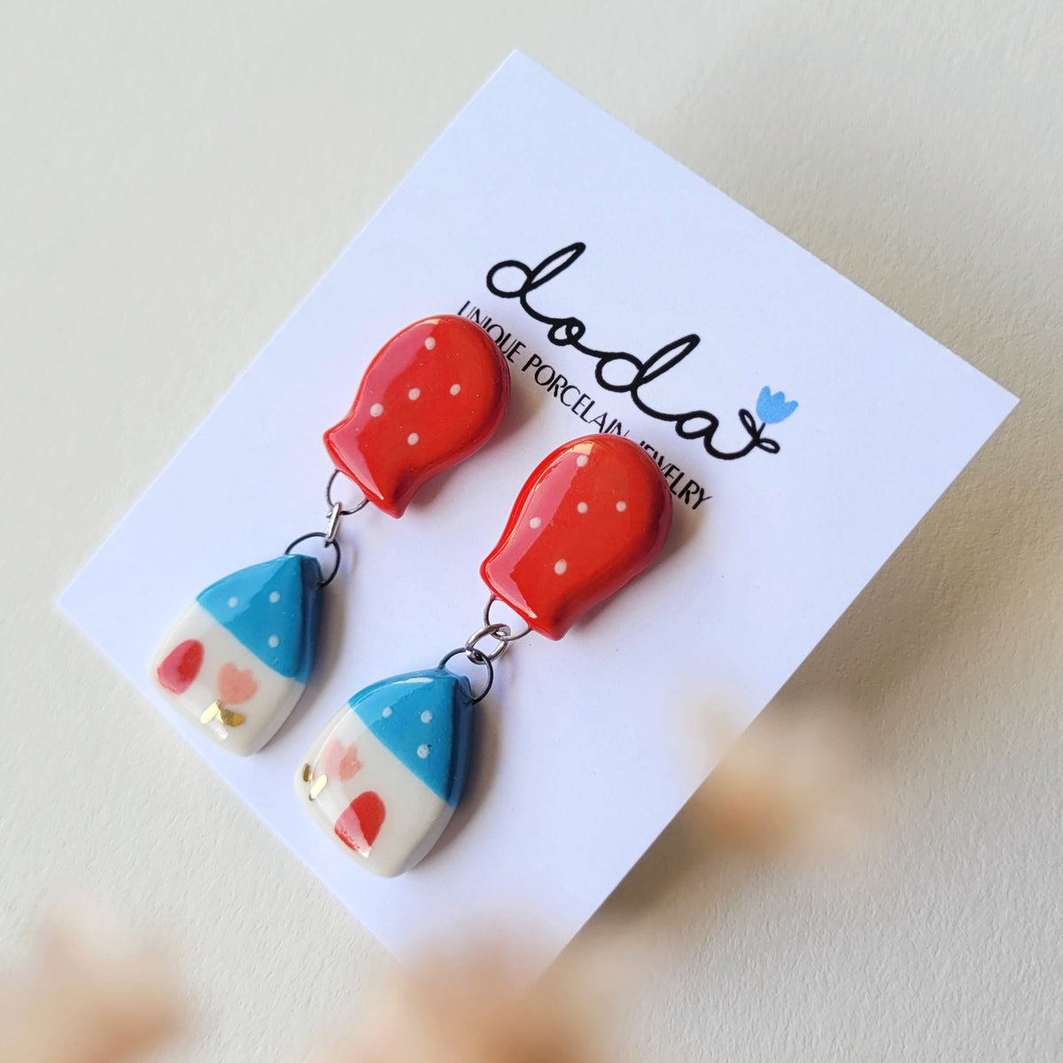 Porcelain stud earrings with gold "Blue house with red balloon"