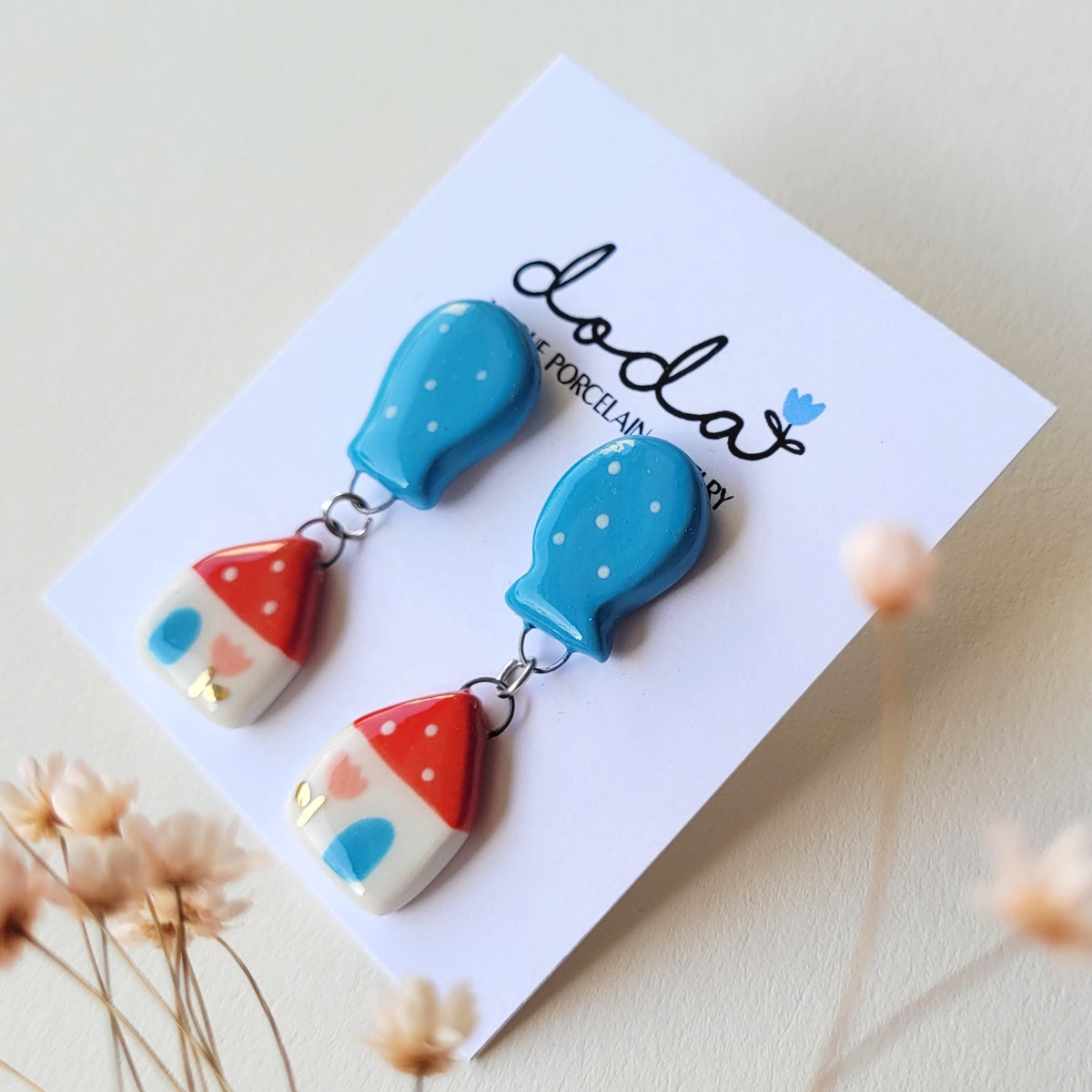 Porcelain stud earrings with gold "Red house with blue balloon"