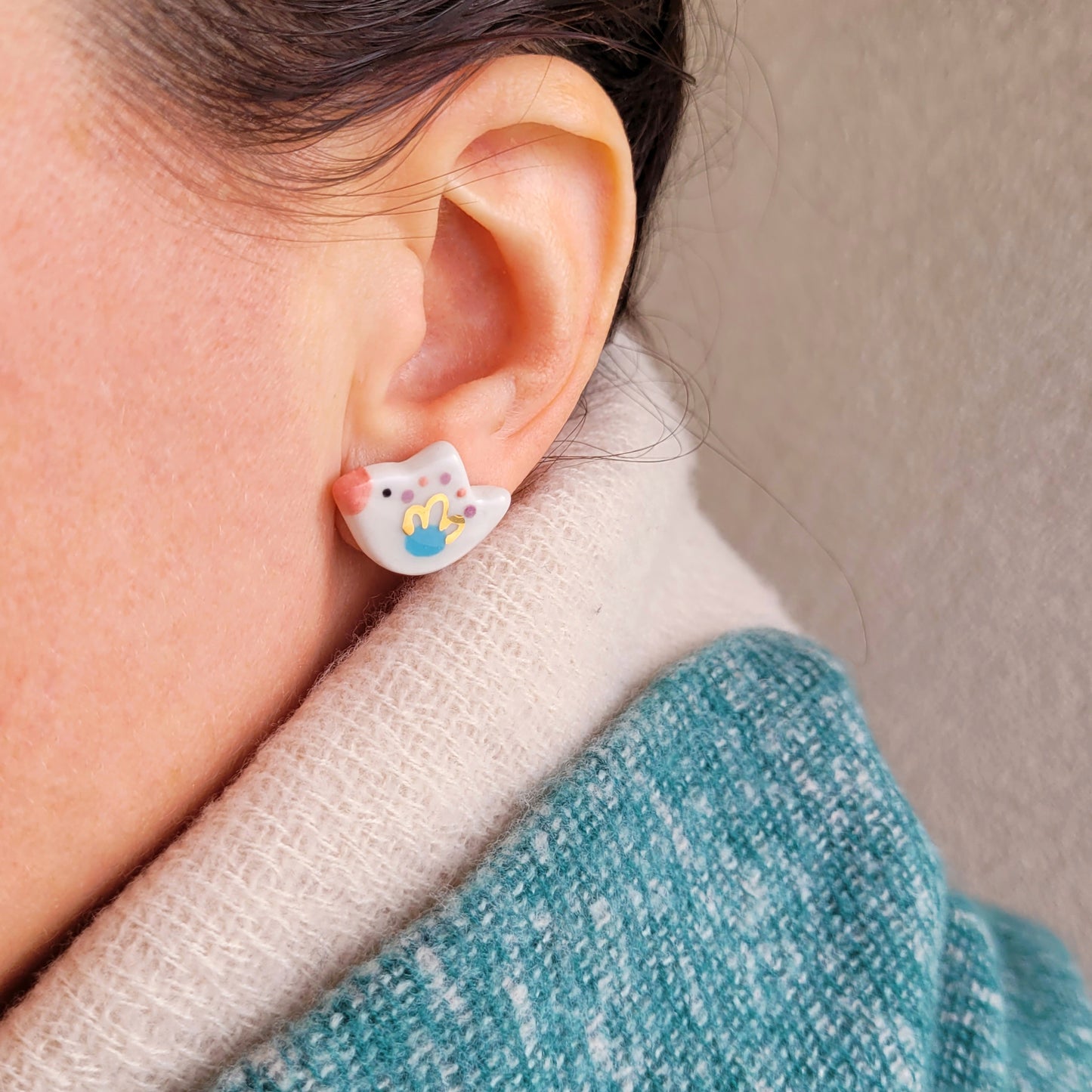 Porcelain stud earrings with gold "Little bird with blue cloud"