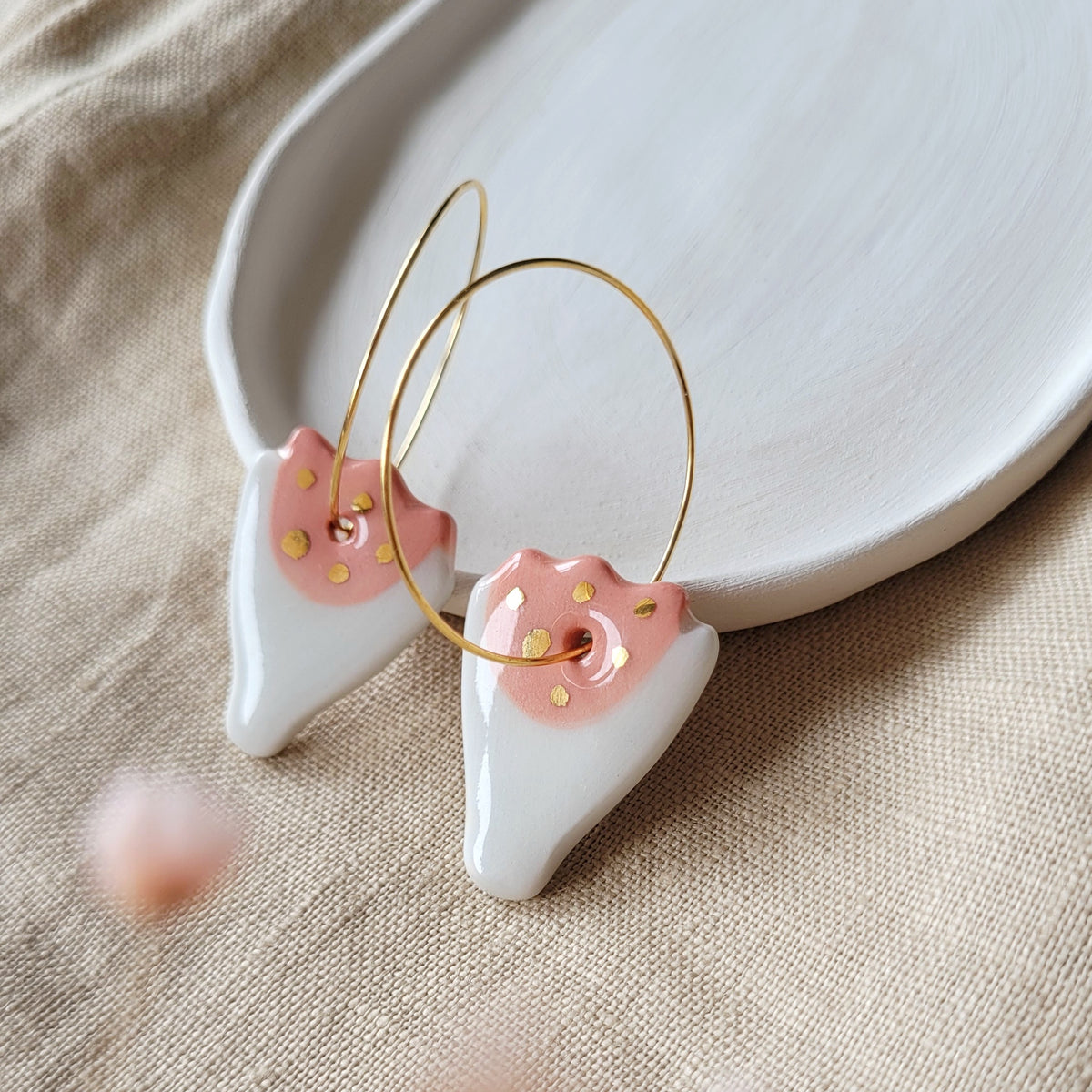 Porcelain dangle earrings with gold "Pink tulips"
