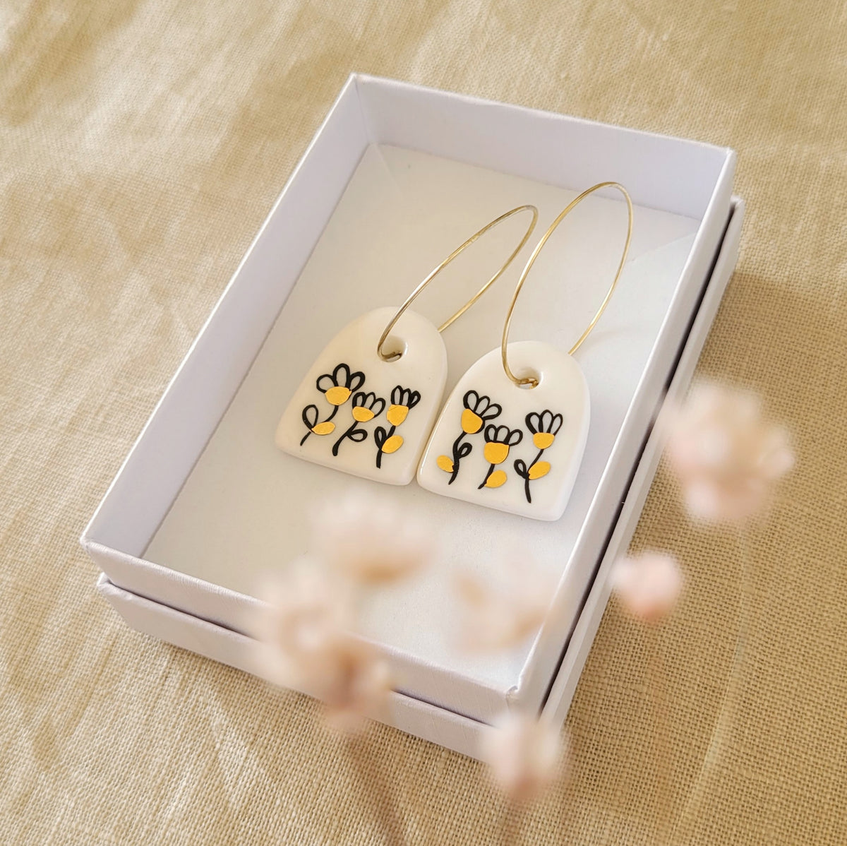 Porcelain dangle earrings with gold "Meadow"