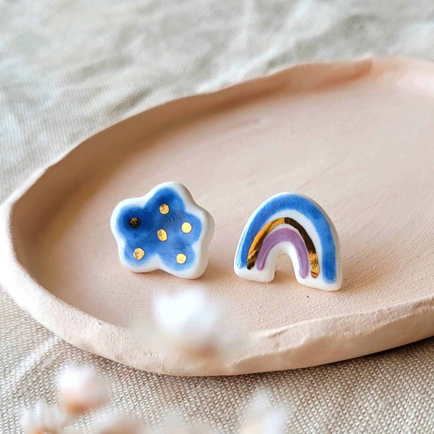 Porcelain stud earrings with gold "Dark blue cloud and rainbow"