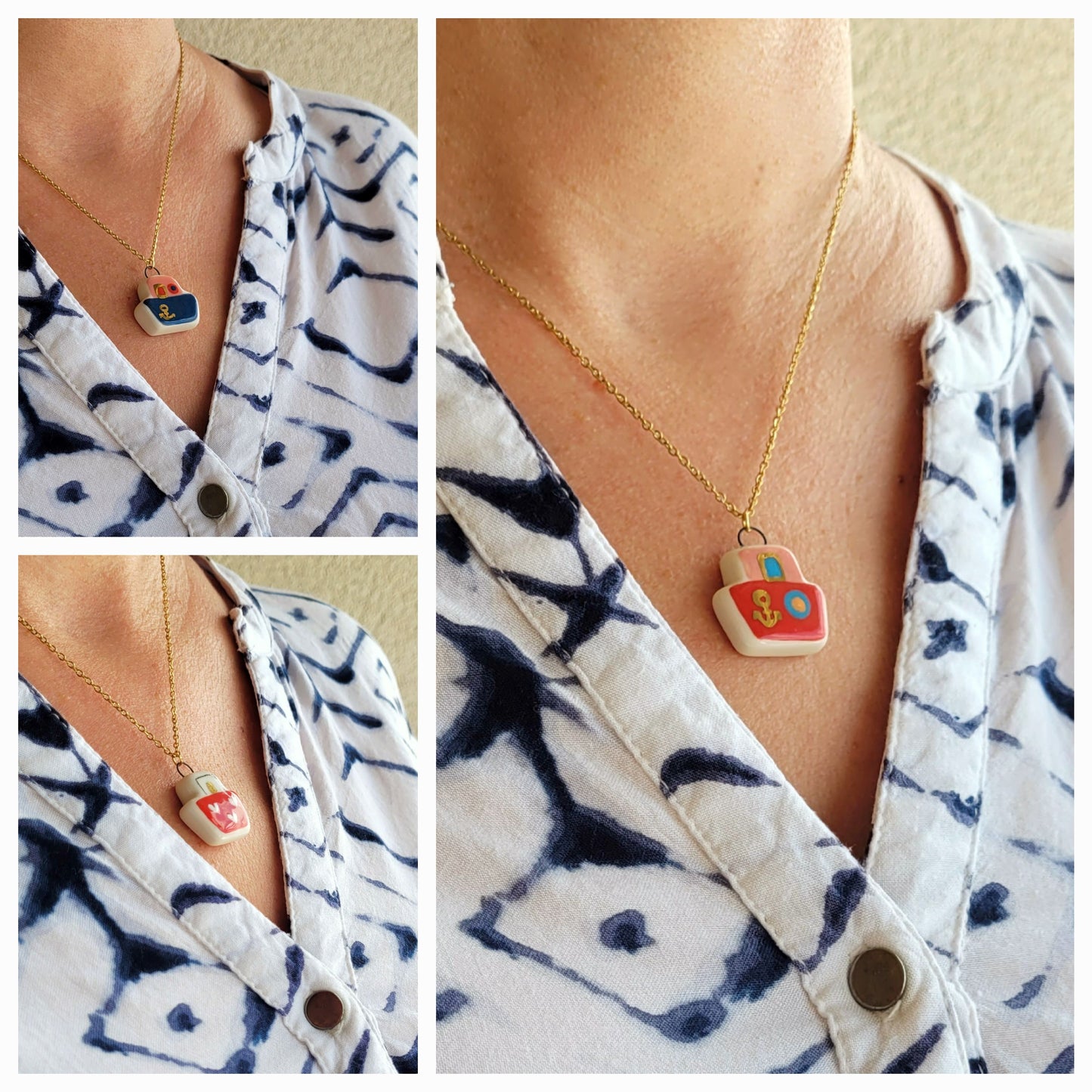 Porcelain necklace with gold "Blue boat"