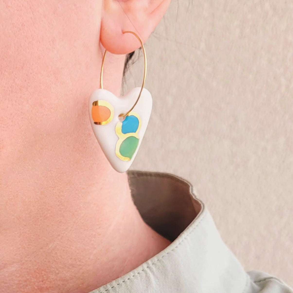 Porcelain dangle earrings with gold "Hearts in orange, blue and green"