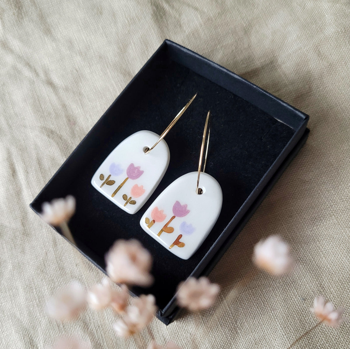 Porcelain dangle earrings with gold "Tulips"