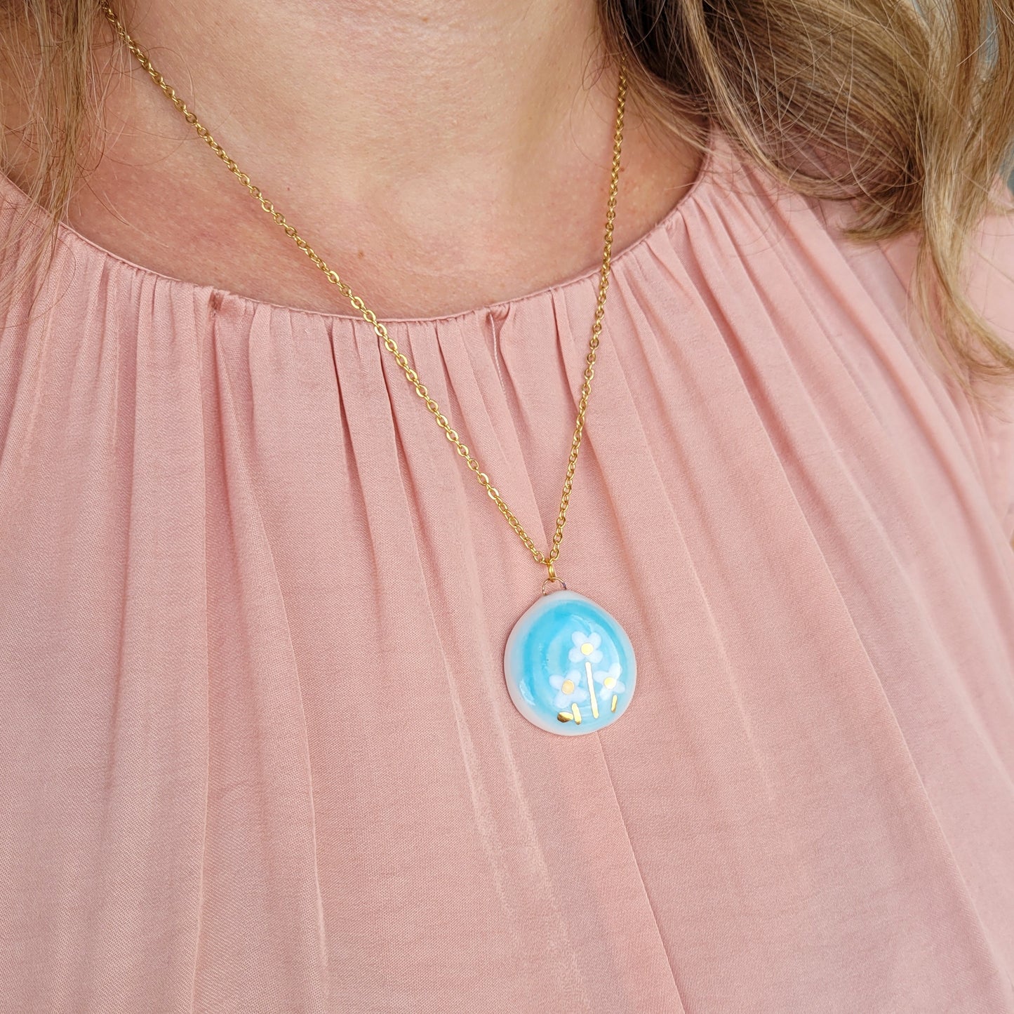 Porcelain necklace with gold "Blue sky" (big pendant)