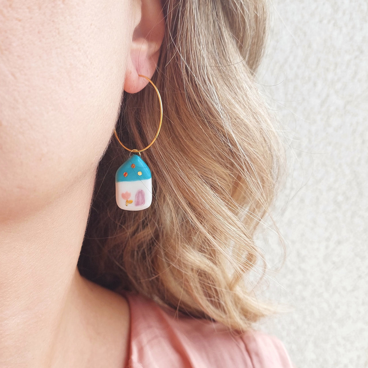 Porcelain dangle earrings with gold "Green houses"