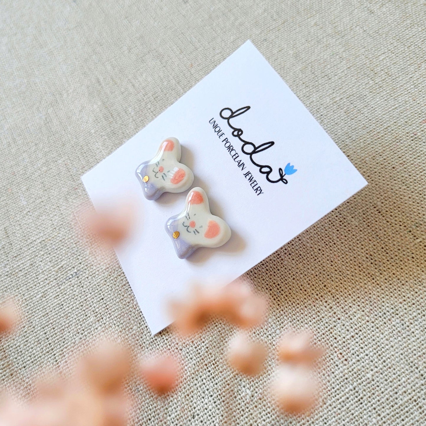 Porcelain stud earrings with gold "Little mices"