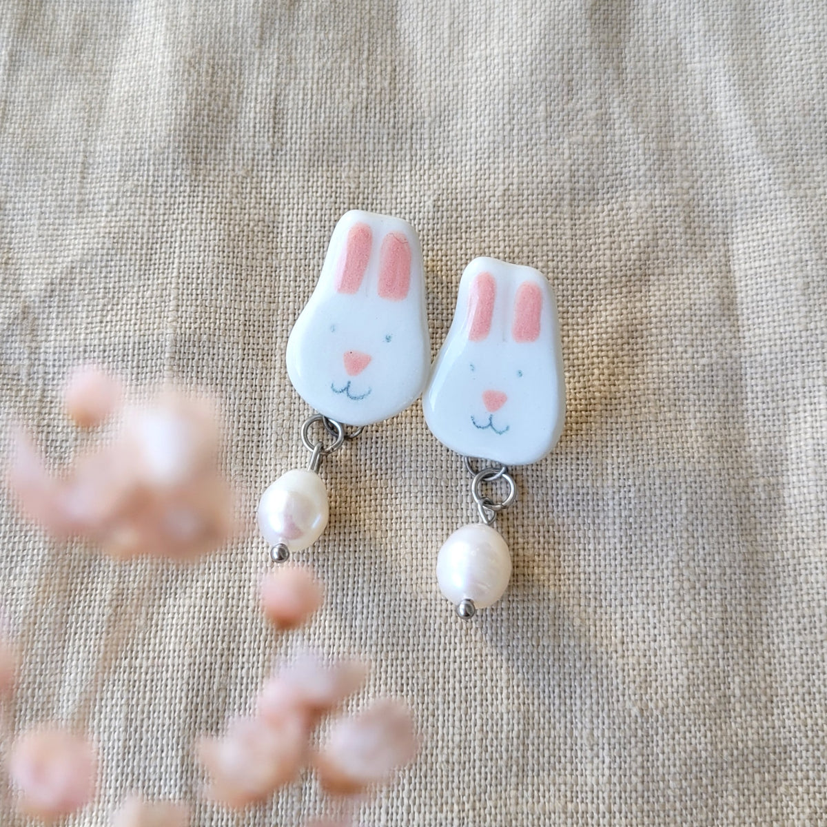 Porcelain stud earrings "Bunnies with pearls"