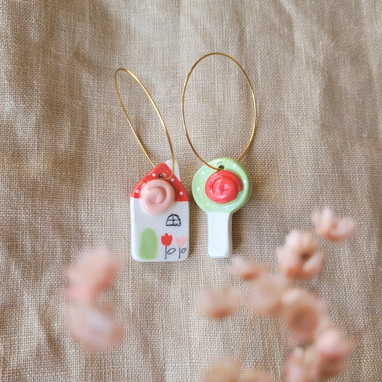 Ceramic mismatched dangle earrings "Red house and tree with flower"