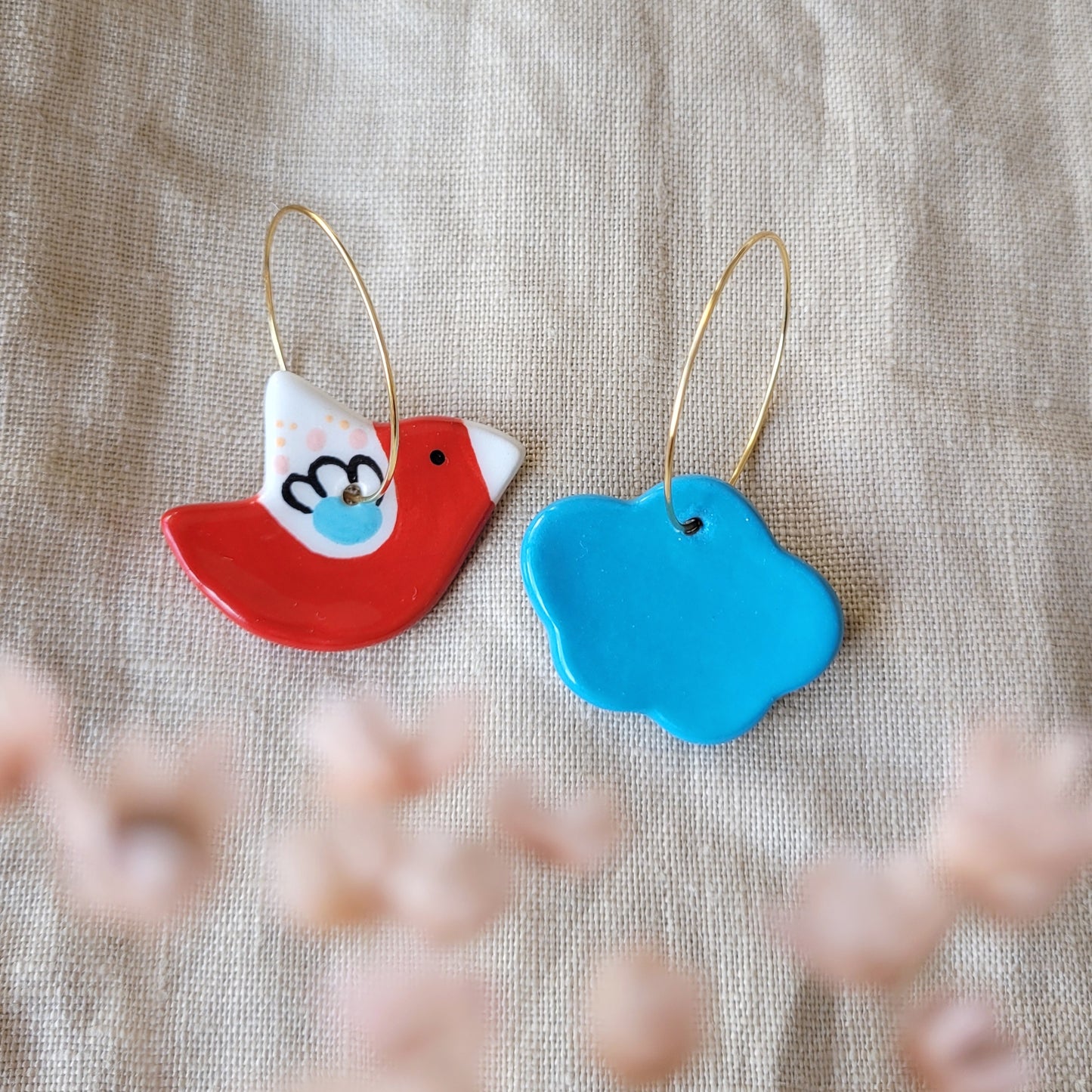 Ceramic mismatched dangle earrings "Dark red bird and cloud"