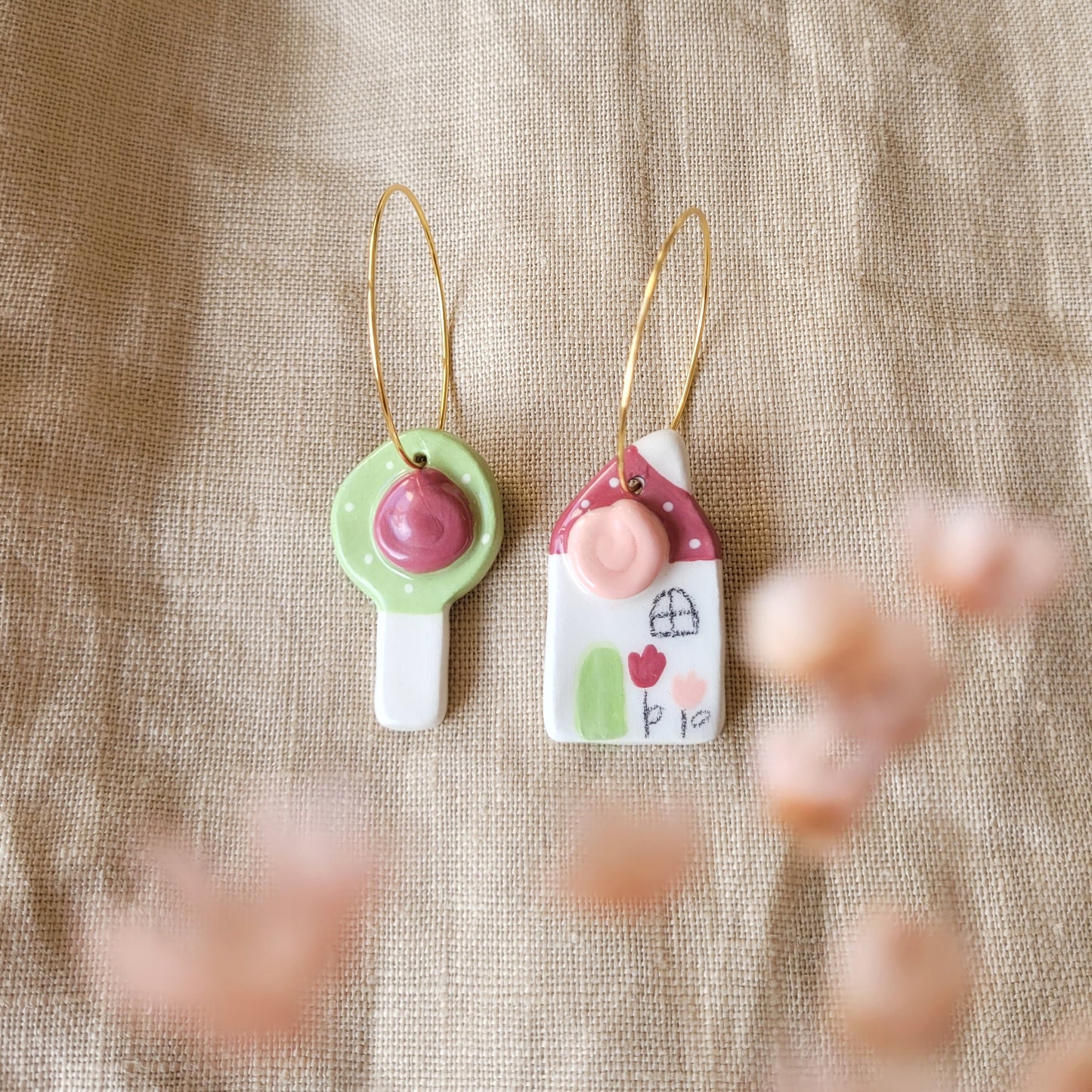 Ceramic mismatched dangle earrings "Dark pink house and tree with flower"