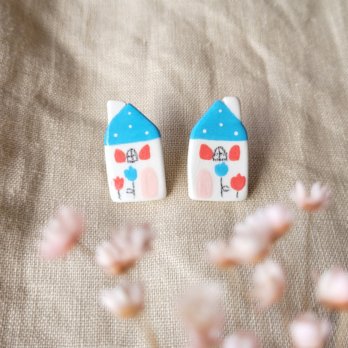 Ceramic stud earrings "Blue houses"