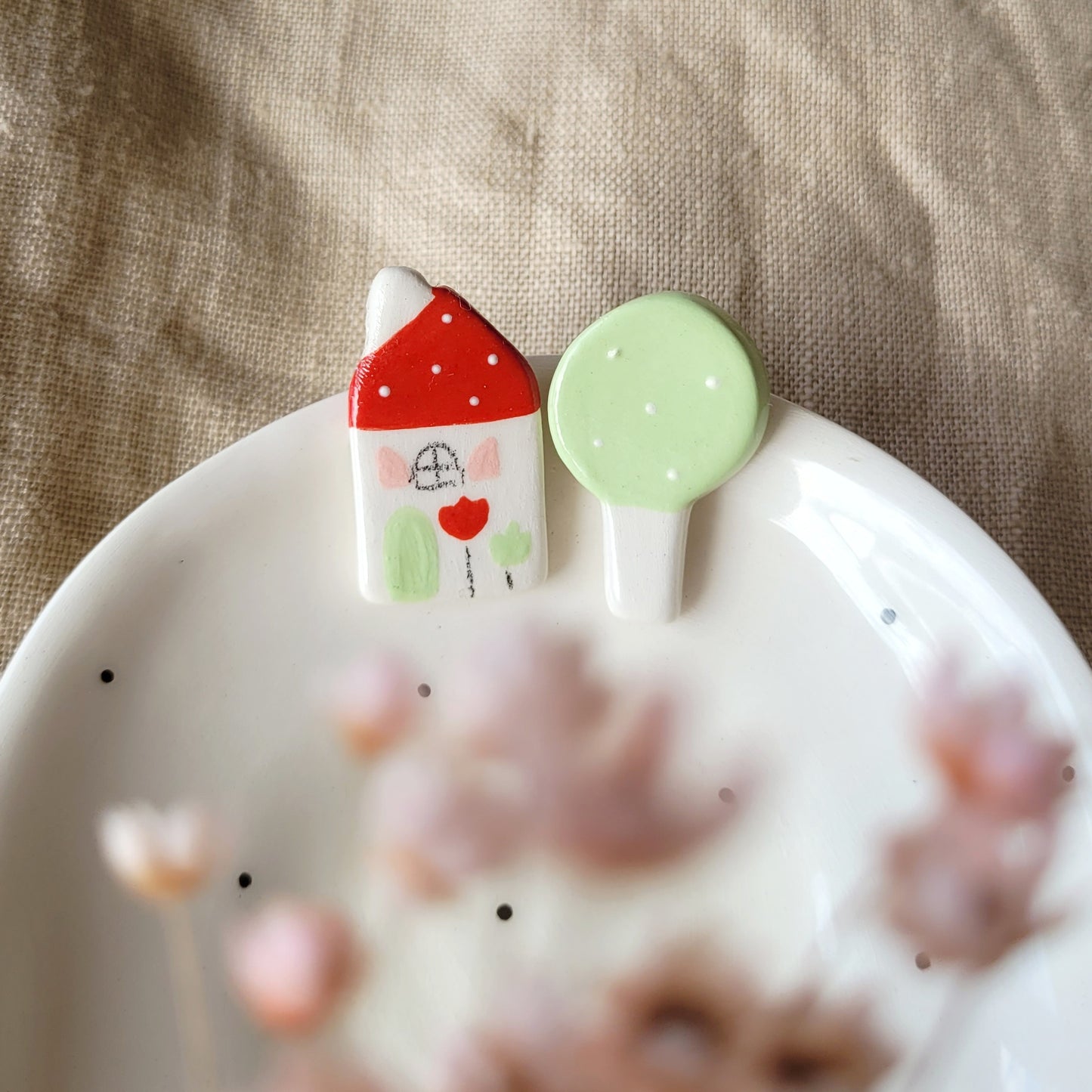 Ceramic mismatched stud earrings "Red house with tree"