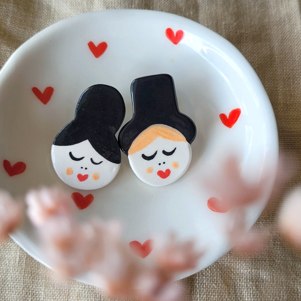 Ceramic long stud earrings "Black couple in love"