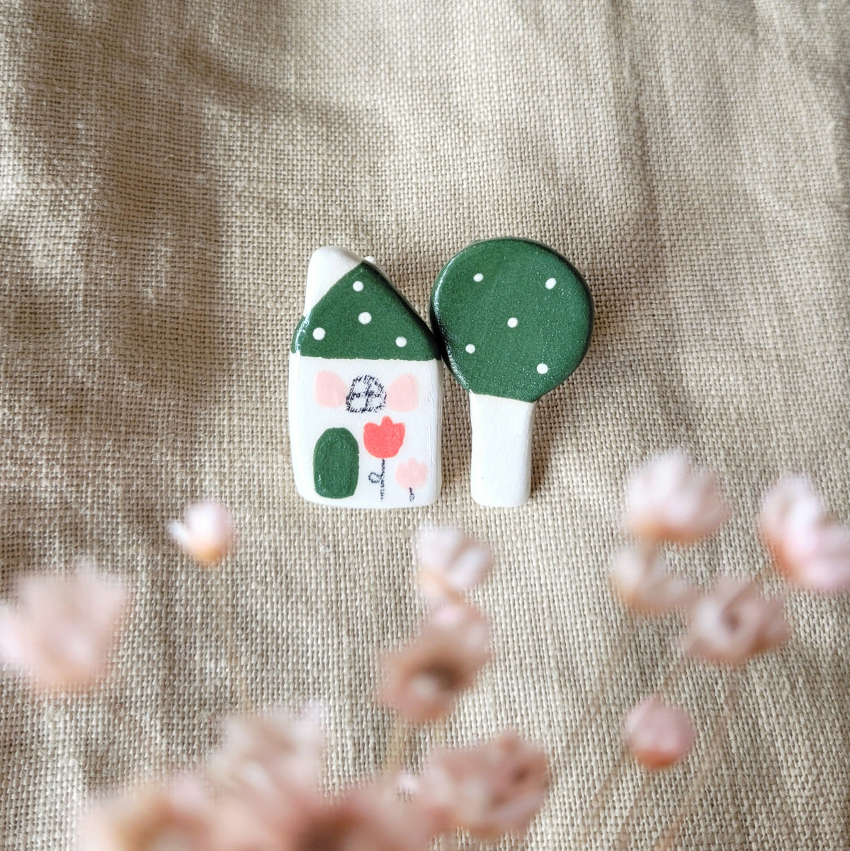 Ceramic mismatched stud earrings "Dark green house with tree"