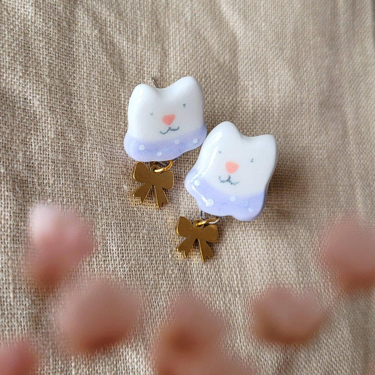 Porcelain stud earrings "Kitties with light pink collars and bows"