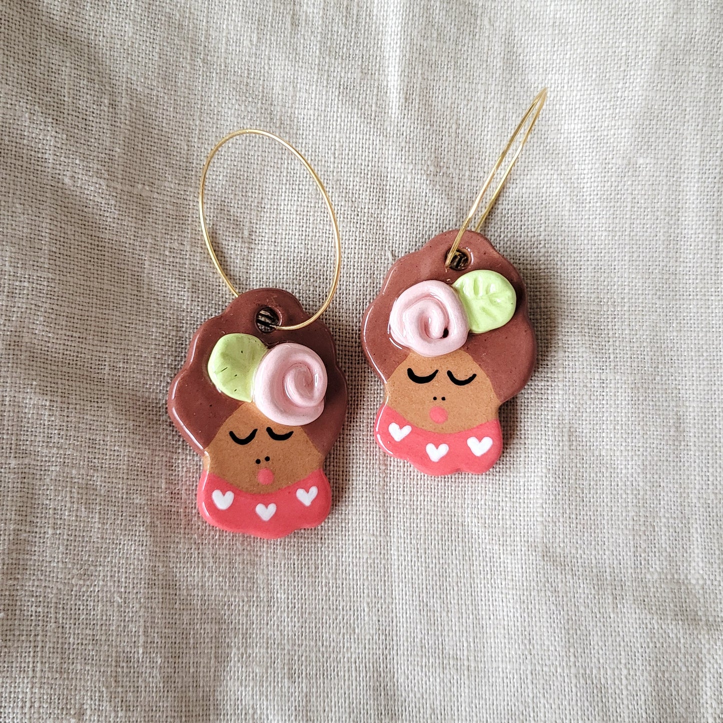 Ceramic dangle earrings "Brown girls with flowers"