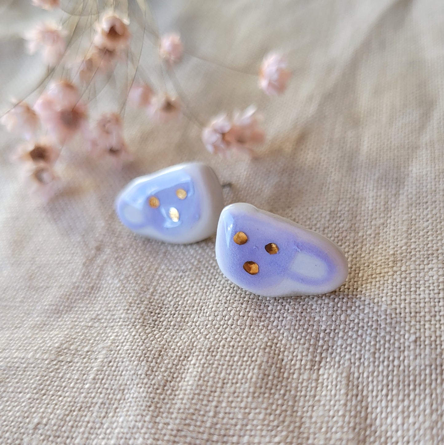 Porcelain stud earrings with gold " Tiny purple coffee mugs with white dots"