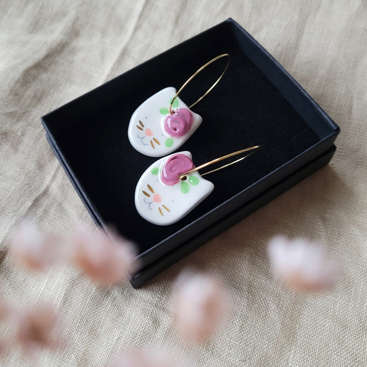 Porcelain dangle earrings with gold "Cats with dark pink flowers"