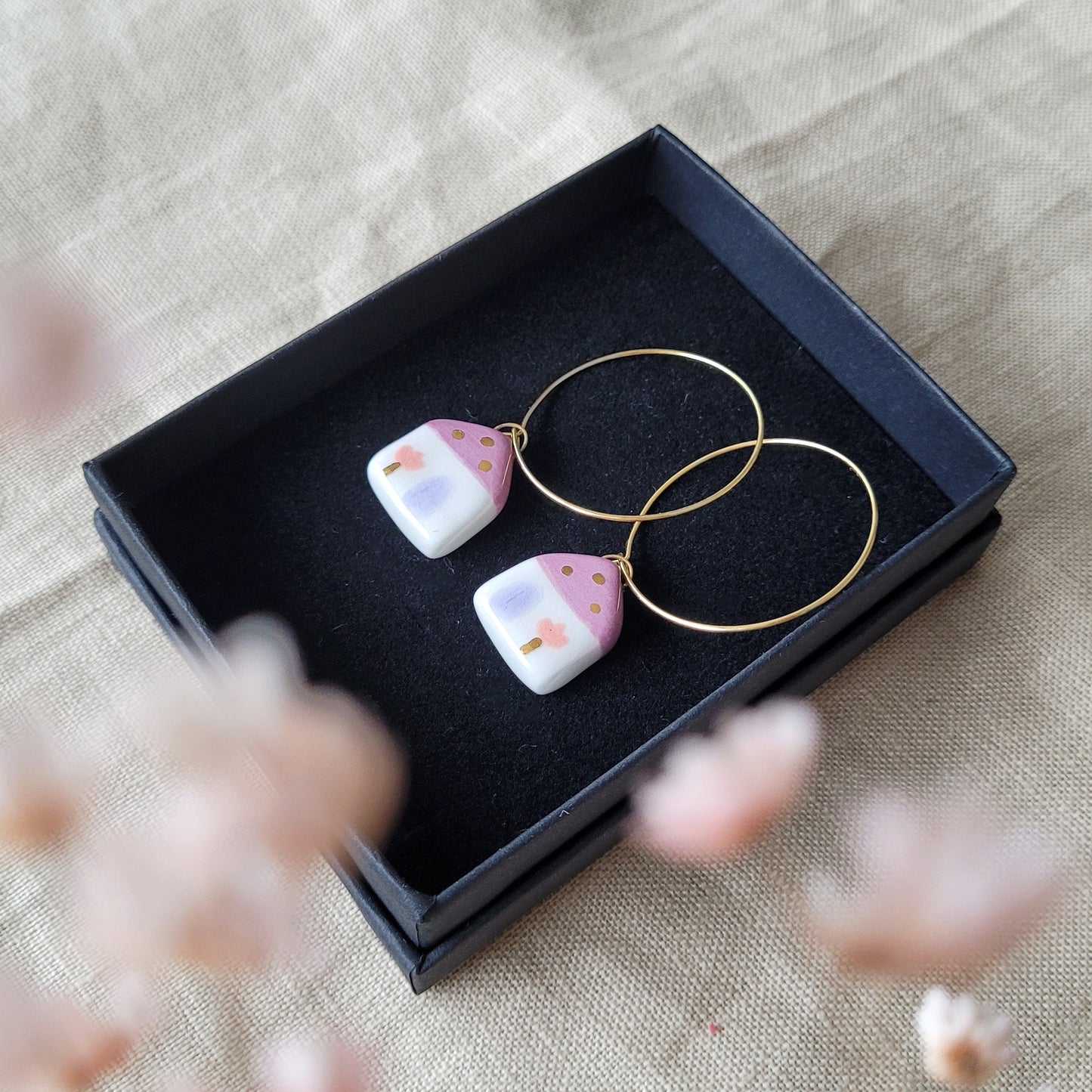 Porcelain dangle earrings with gold "Tiny dark pink houses"