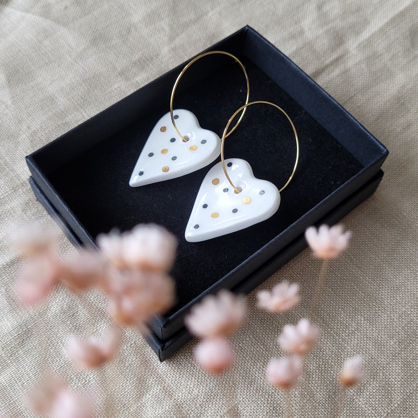 Porcelain dangle earrings with gold "Hearts with dots"