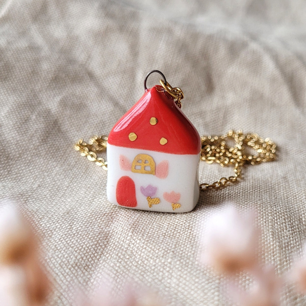 Porcelain necklace with gold "Red house with pink window"
